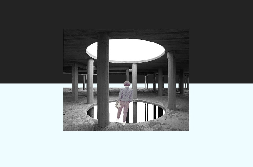a digital collage of a room of gray columns with a giant hole in the ceiling and floor - a person stands in front of the hole with one leg extended