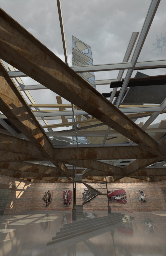 a rendering of a gallery space with a floor so reflective that it looks like water, and exposed metal industrial beams on the ceiling that support a glass roof.