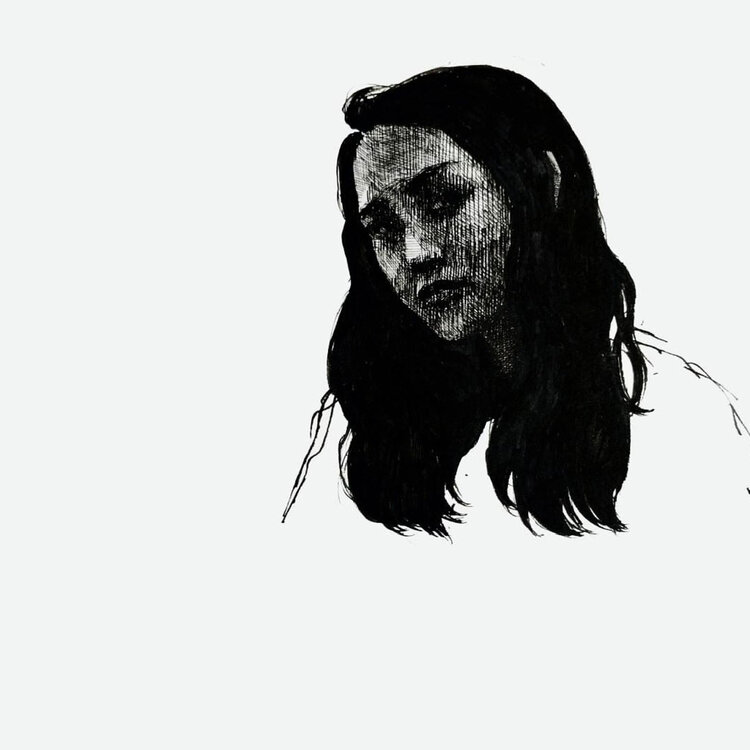 a gel pen and ink portrait of Wang - she has long black hair and a questioning look on her face