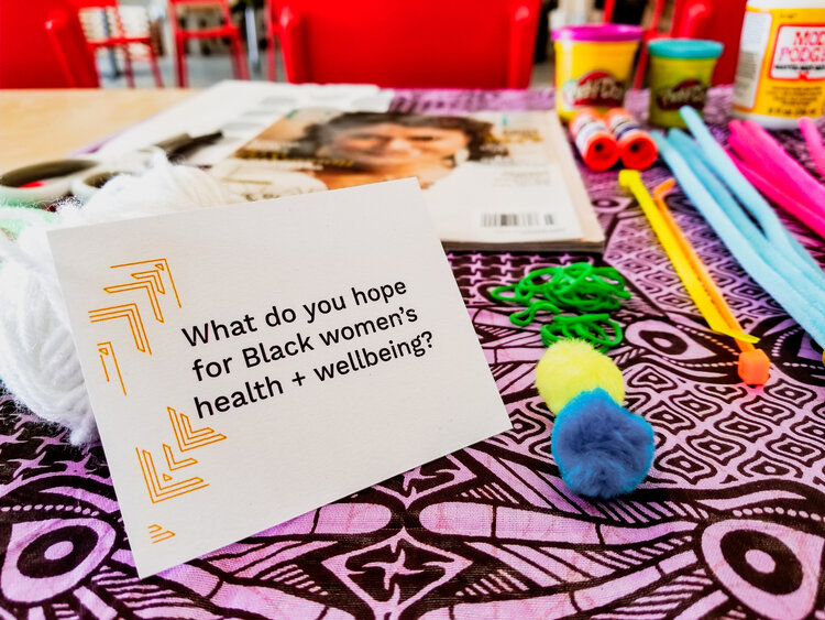 a table with a lavender patterned tablecloth - on top are a variety of craft supplies and a propped up card that says "what do you hope for Black women's health and wellbeing?"