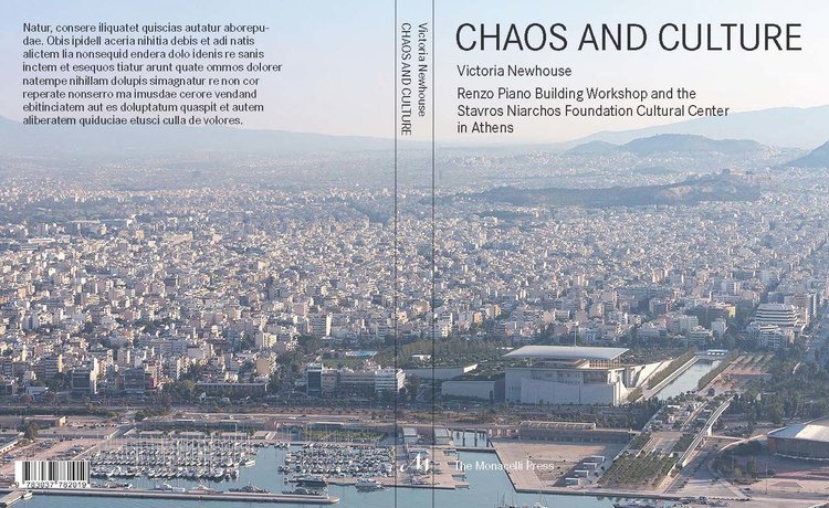 the cover of Newshouse's book: chaos and culture.  the image across the back and front cover is an Athens cityscape