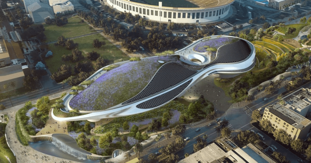 a rendering that shows a building with futuristic and organic forms and a reflective material surrounded by trees in a city setting