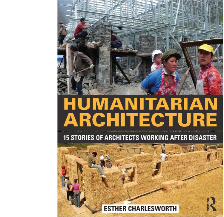 the cover of a book - Humanitarian Architecture is in bold, capital yellow text.