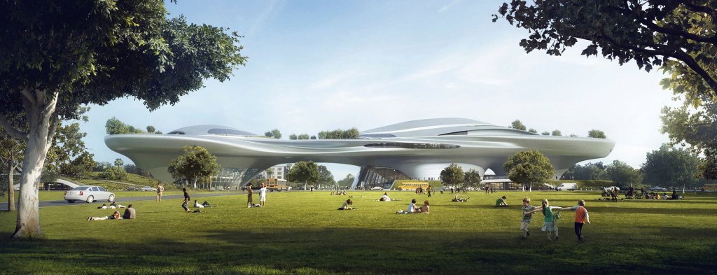 a rendering that shows a building with futuristic and organic forms and a reflective material surrounded by trees in a city setting - form the side view, the building seems to levitate, as there is space underneath for people to gather