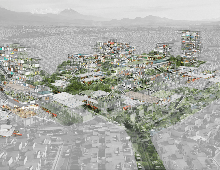 a rendering of a conceptual project - a dense living area that looks like individual modules stacked on top of each other in a metal frame. between the buildings are lush trees,