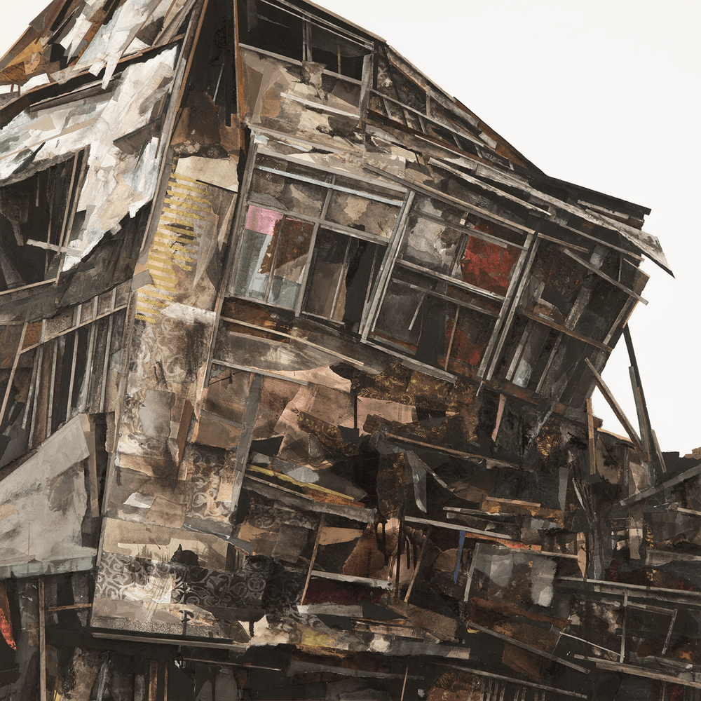 a collage piece that resembles a structure made of frames slowing collapsing and decaying, with a variety of textures that give an aged and decaying effect