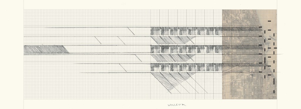 a black and white image of a sketch on grid paper overlayed on a CAD generated map 