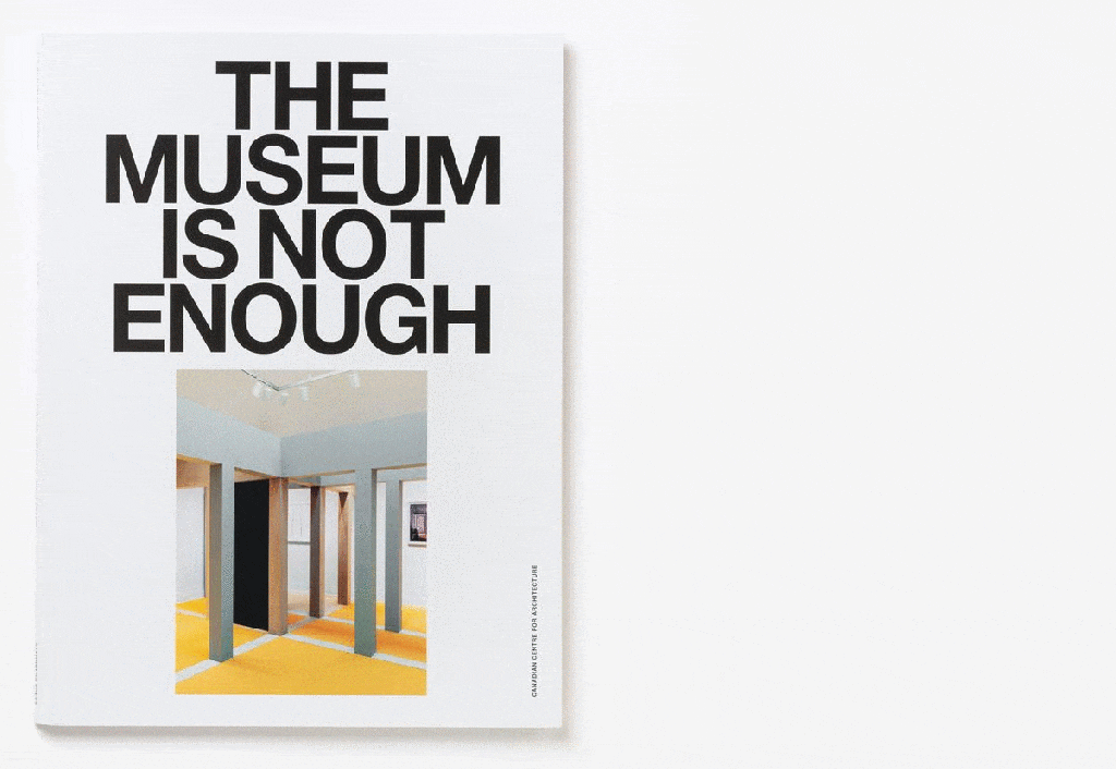 this gif flips through The Museum is not enough - black bold text sits on white pages, and some pages contain color photos